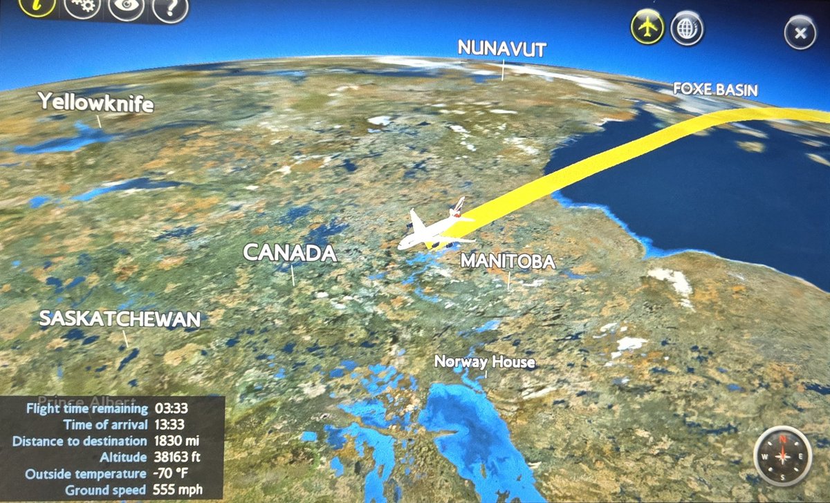 A loverly nap.
Time for some supper and a movie.
Good afternoon, Manitoba.
Three hours thirty mins to San Francisco.