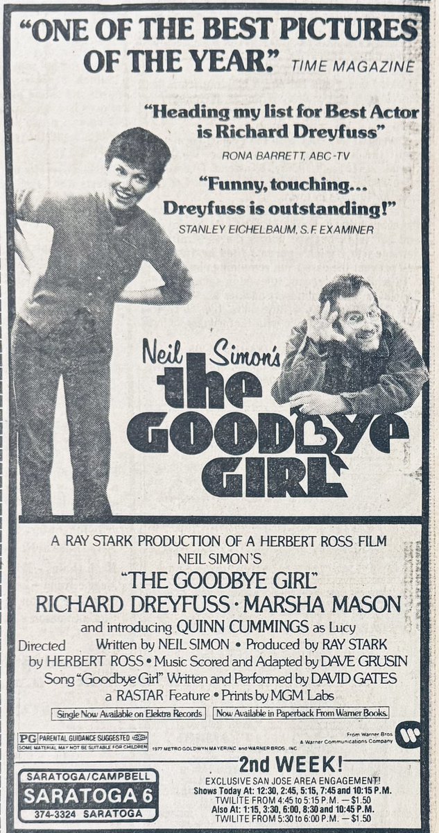 1977-78 was phenomenal for Richard Dreyfuss. 
Both these ads came from the Mercury News on Jan. 1, 1978.
