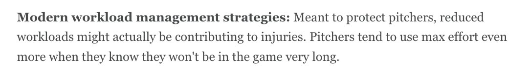 Head-scratcher. A few texts from coordinators &amp; directors: 

"What the f***?"
"This is going to create more injuries, not reduce them."
"They don't know what they're doing."

MLB published a study showing that reduced workloads might CONTRIBUTE to injuries (below).

So why make a