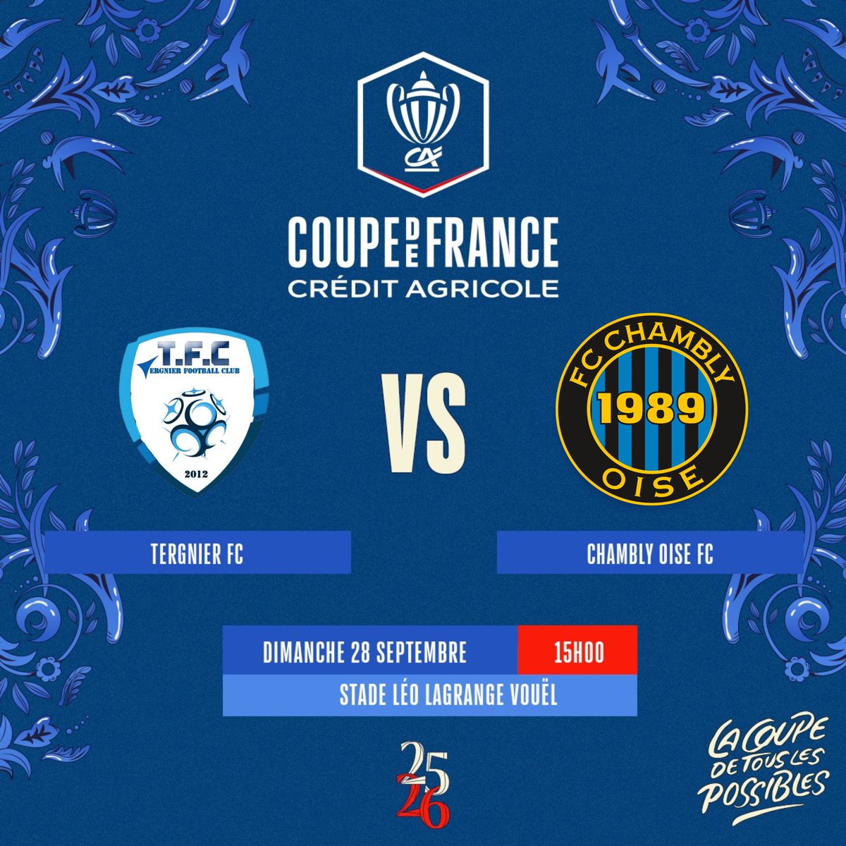 C’est tombé ! Le FCCO se déplacera à Tergnier, club de R3 entre Noyon et St Quentin, pour le compte du 4eme tour de la Coupe de France Crédit Agricole ! 🖤💙

La date, l’horaire et le lieu du match seront confirmés ultérieurement. ⚽️