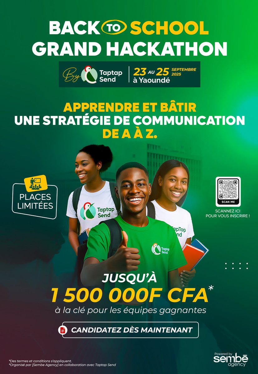 🚀 Hackathon Taptap Send – Yaoundé
📅 23-25 Sept. | 🏆 1 500 000 FCFA à gagner !
⚠️ Places limitées – Inscris-toi vite 🔗
📢 Partage à un ami qui aime les défis !
Rt , partagez 
Cc <a href="/237online/">Cameroun</a> 
#hackathonbytaptapsend