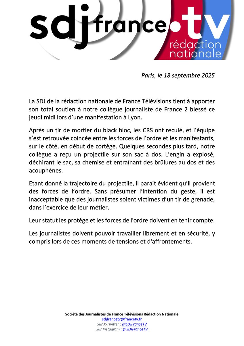 Total soutien à notre collègue journaliste de France 2, blessé lors d’une manifestation à Lyon.

Les journalistes doivent pouvoir travailler librement et en sécurité, y compris lors de des moments de tensions et d'affrontements