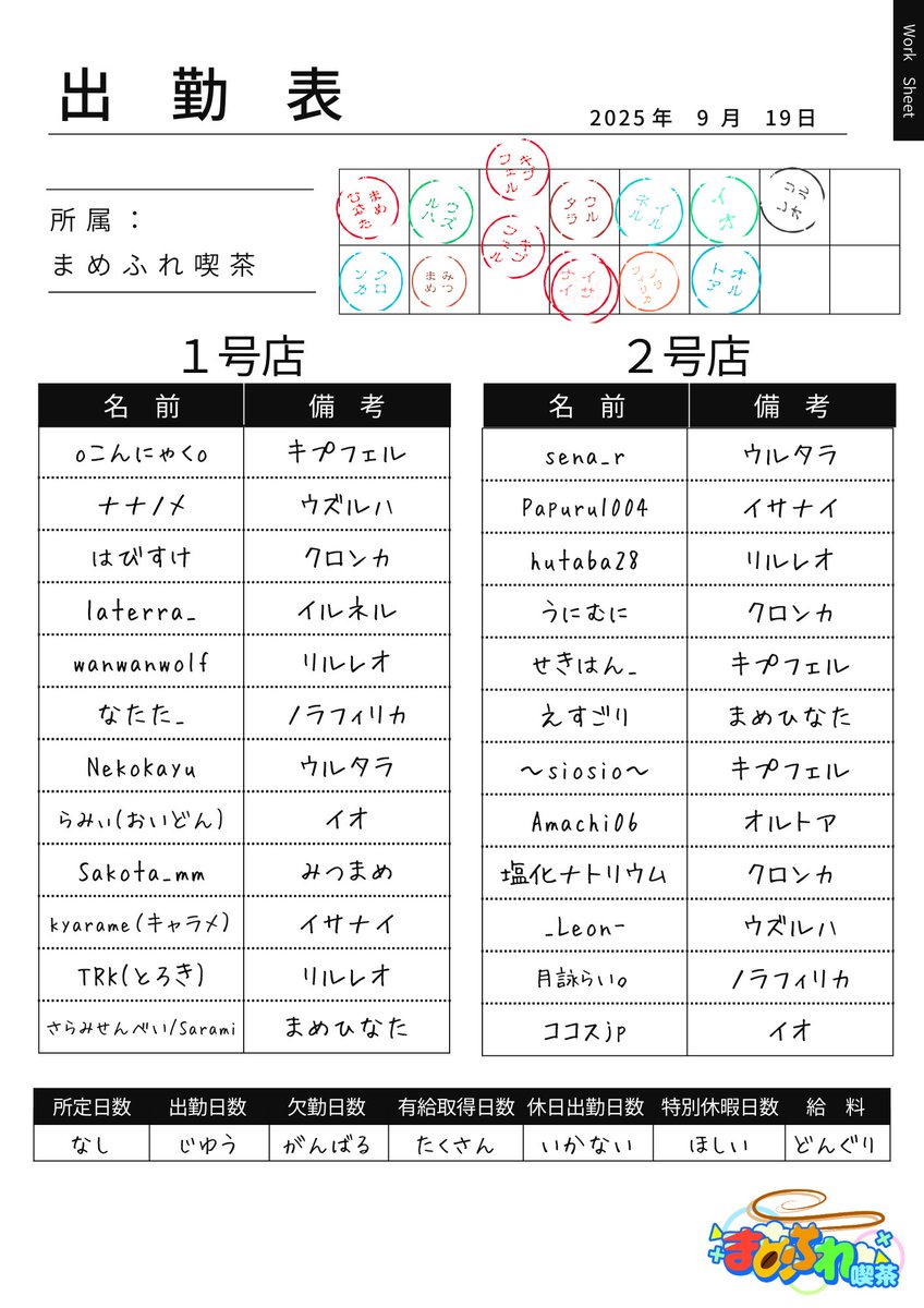 ╭┈ · · ·   営業のお知らせ✨   · · · ┈╮

　　本日 9月19日（金） 22～23時
　　まめふれ喫茶 が営業します☕
　　・グループJoin
　　・2インスタンス（出勤表有）
　　・その他下記参照 #まめふれんず
　　　vrc.group/MAME.3792

╰┈ · · ·  お待ちしています🌱· · · ┈╯