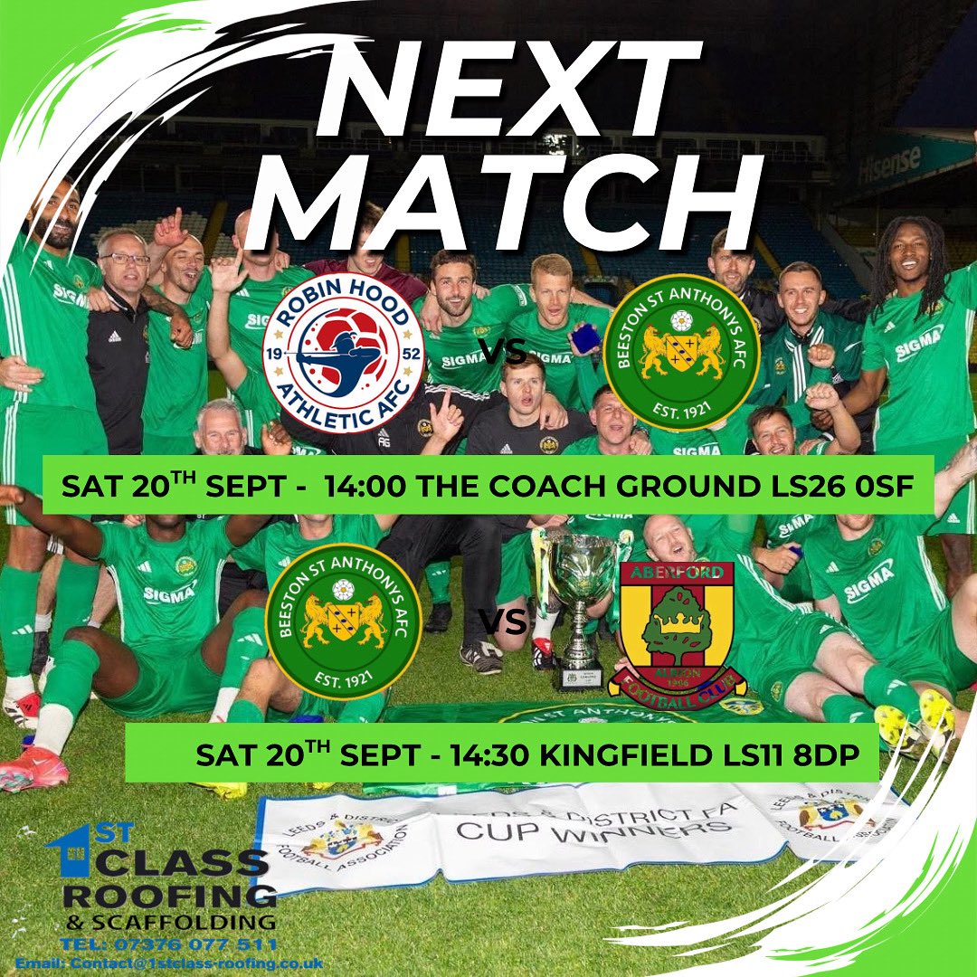 This weekends fixtures

The defence of the Leeds District Cup begins this weekend as they travel to local rivals Robin Hood

The reserves host Aberford Albion 

💚