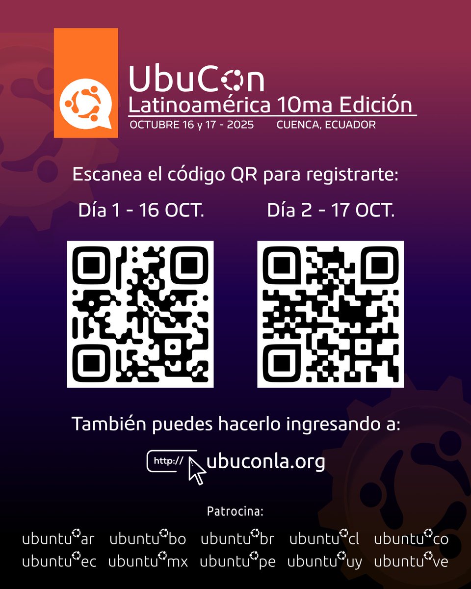 La Ubucon ya está muy cerca 😎👌👌

📱Regístrate a través de los siguientes QR o de los links que te dejamos aquí:

Día uno:eventbrite.com.ar/e/entradas-ubu…

Día dos:eventbrite.com.ar/e/ubuconla-202…

📍Te esperamos el 16 y 17 de Octubre con increíbles talleres en la Universidad del Azuay.