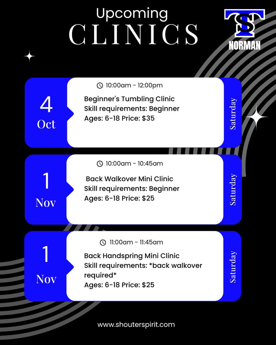 Want to gain new skills or master the ones you’ve been working on? 💪✨ Check out our upcoming clinics at our Edmond and Norman locations!

Spots fill fast—don’t miss out! Register today at shouterspirit.com 💙