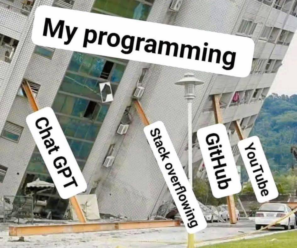 Sometimes programming feels like holding up a leaning building with ChatGPT, Stack Overflow, GitHub, and YouTube. 😅

But that’s the reality of coding, it’s not about knowing everything, it’s about knowing where to look. 💡

#Programming #Developers #Learning #TechWithTwin