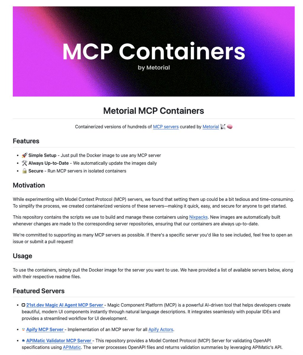 100+ MCP servers now available in a container.

Just pull the Docker image to use your favourite MCP server. 

100% Opensource.