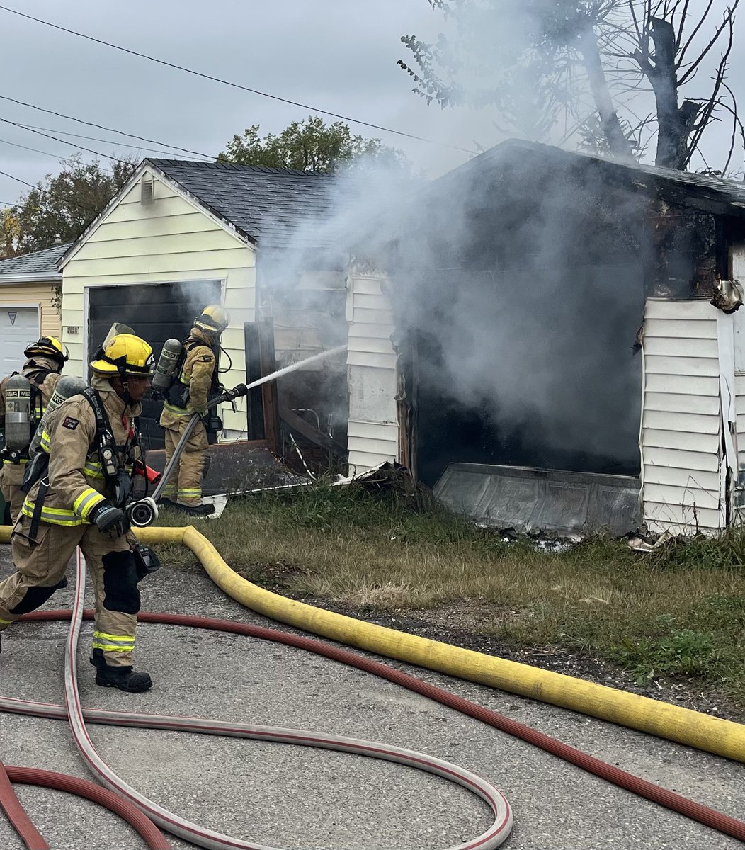 Crews are on scene of a detached garage fire 2000 Blk Elliott St. Fire reported at 10:40 am. Significant damage to the main garage with damage to one exposure garage. No injuries. Firefighters remain on scene for salvage and overhaul. Cause will be under investigation. #YQR