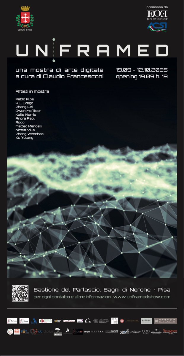 Tomorrow, 19 September, opening of ‘Unframed’ digital art exhibition, Pisa Italy. Curated by <a href="/KomarekNFT/">Claudio Francesconi</a> 

Deeply grateful for the trust and support to keep placing my art out there and for giving context of our trajectory.🙏

*Pieces exhibited are not new but from 2015-2019.