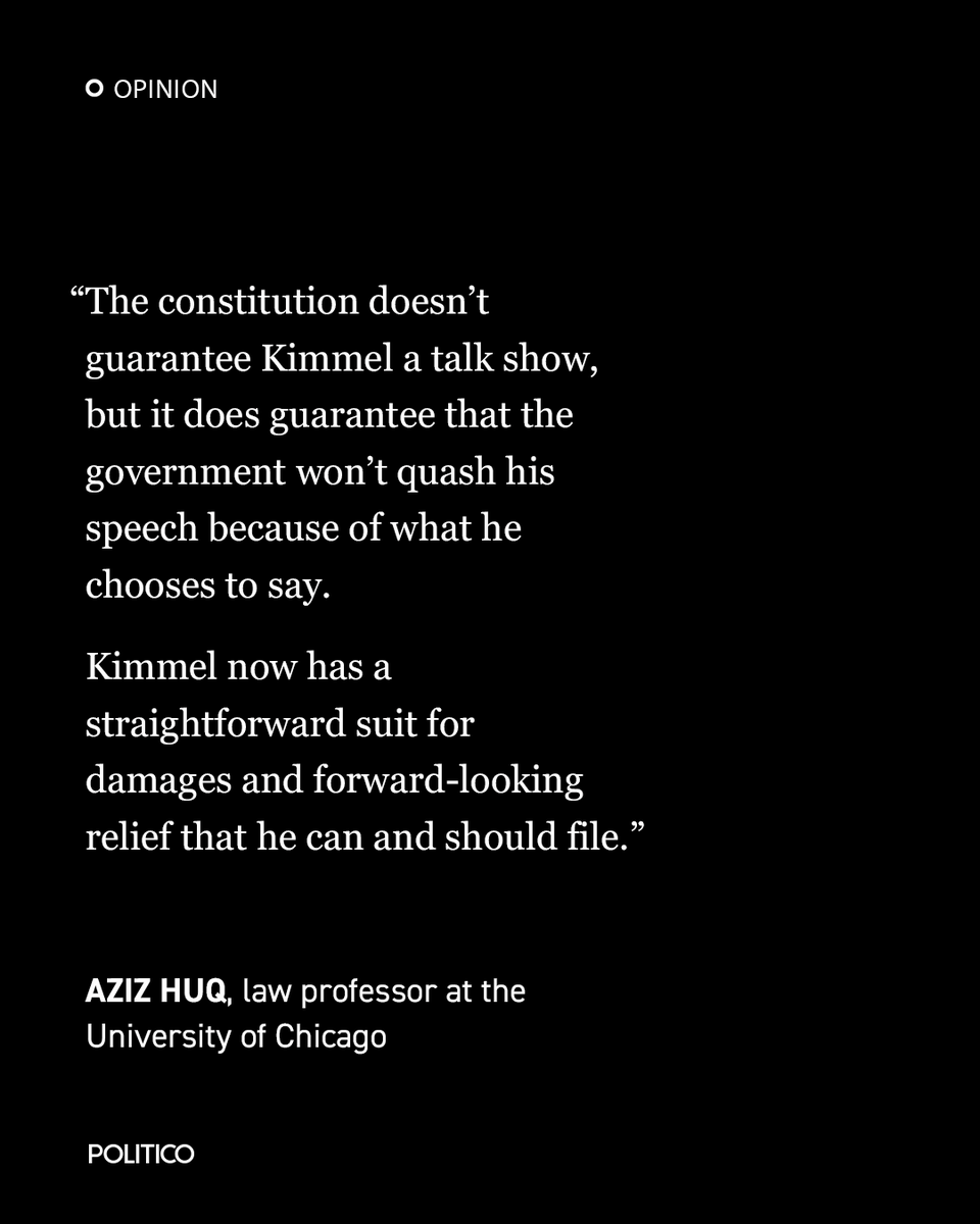 politico's tweet photo. Opinion: Jimmy Kimmel has Supreme Court precedent on his side. He should sue the Trump administration, writes law professor Aziz Huq.

Read the full opinion piece: https://t.co/kttdM8oIhR https://t.co/AsfSgEDmgZ