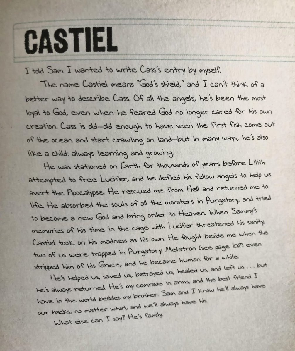 reminder that this was how dean saw castiel and he insisted on writing the entry himself

“what else can i say. he’s family”