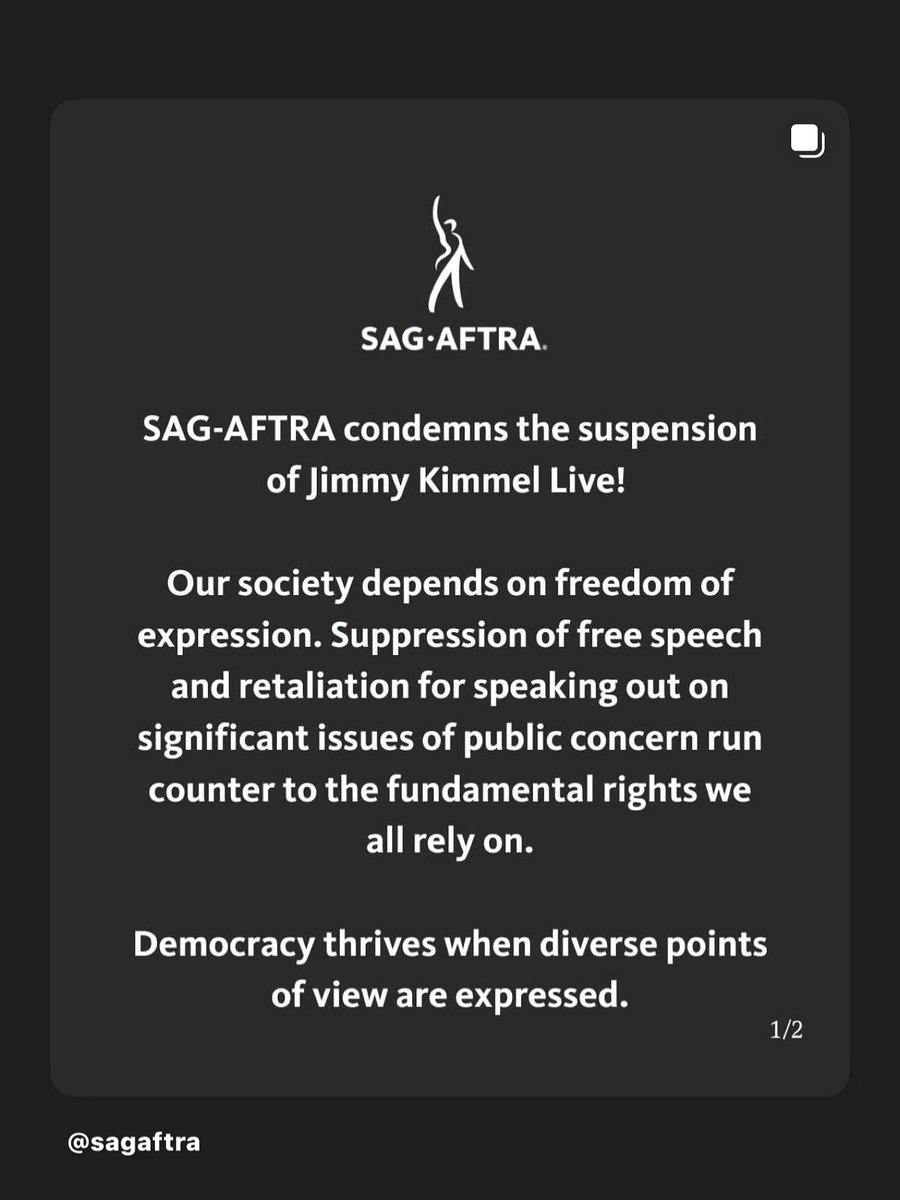 This is a violation of Free Speech in the First Amendment of the U.S. Constitution. I stand with Jimmy Kimmel and against all efforts to remove our freedoms secured in the Bill of Rights ~ upon which our democracy depends. 🇺🇸💙❤️