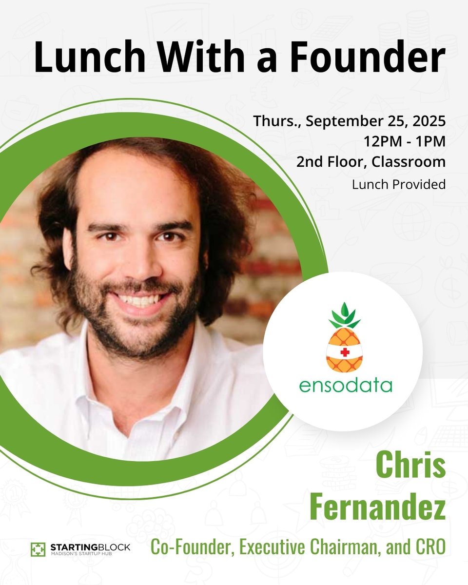 StartingBlockM's tweet image. We&apos;re excited to welcome Chris Fernandez for this month&apos;s Lunch with a Founder. Hear his story and the waves @EnsoData is making in the healthcare industry.

📅 Thursday, September 25, 12PM - 1PM
📍  2nd Floor Classroom

RSVP: hubs.li/Q03HMkrN0