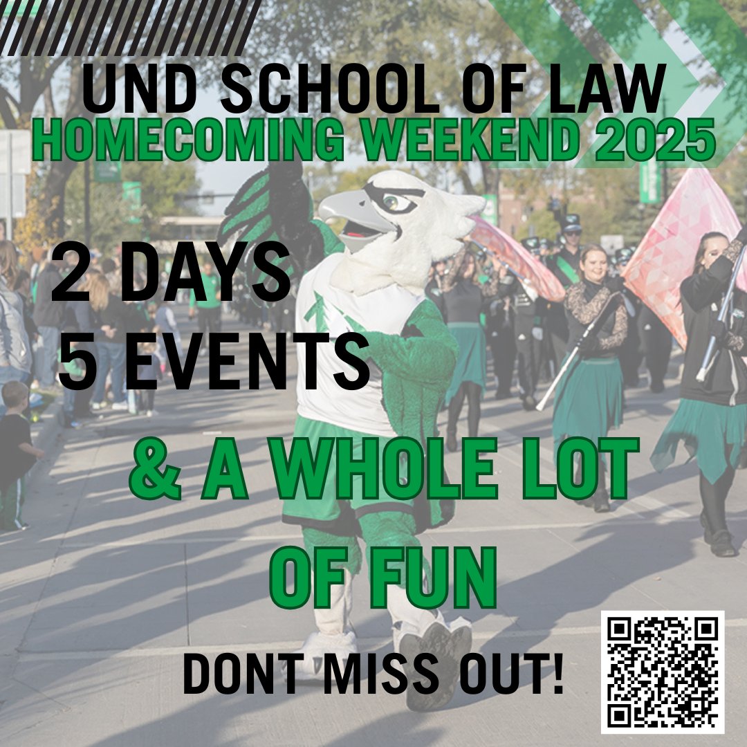 UND School of Law Homecoming Weekend 2025

Reconnect with classmates, meet our current students, and experience all the exciting changes at the School of Law. 💚⚖️

 Don’t miss out; ow.ly/KxBo50WYWh8

#UNDlaw #UNDproud #UNDHOCO