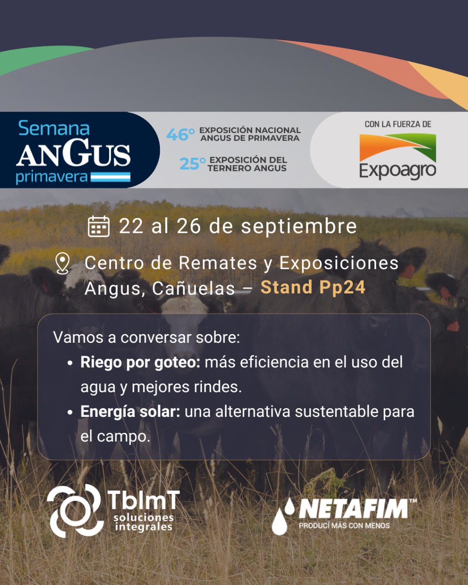 Aquí tenés una versión reducida a 260 caracteres:

🐂 Semana Angus de Primavera | Del 22 al 26/9 estaremos en la 46° Expo Nacional y 25° del Ternero Angus en Cañuelas junto a TBLM. 📍Stand Pp24 con soluciones en riego por goteo y energía solar para el campo. ¡Te esperamos!
