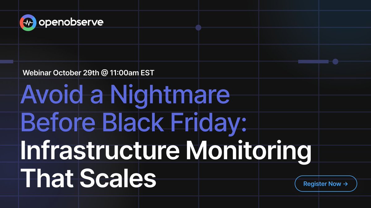 Get control of your infrastructure monitoring before Black Friday hits. Outages, latency, and rising costs don’t have to define peak season.

Join us Oct 29 at 11 AM EST → openobserve.ai/webinars-video…

#Observability #OpenObserve #DevOps #SRE