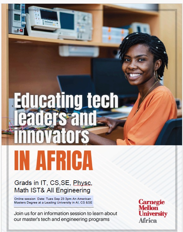 Opportunity Alert!

Did you know that Grads in BIST, BSCS, BSSE, Eng, Physics &amp; Math can apply for full/partial MSc scholarships to study <a href="/CarnegieMellon/">Carnegie Mellon University</a> in the US &amp; Rwanda?

Get more info on Sept 23, 2025 from 3:30-4:30PM.

Register here: 👇gradadmissions.engineering.cmu.edu/register/?id=f…