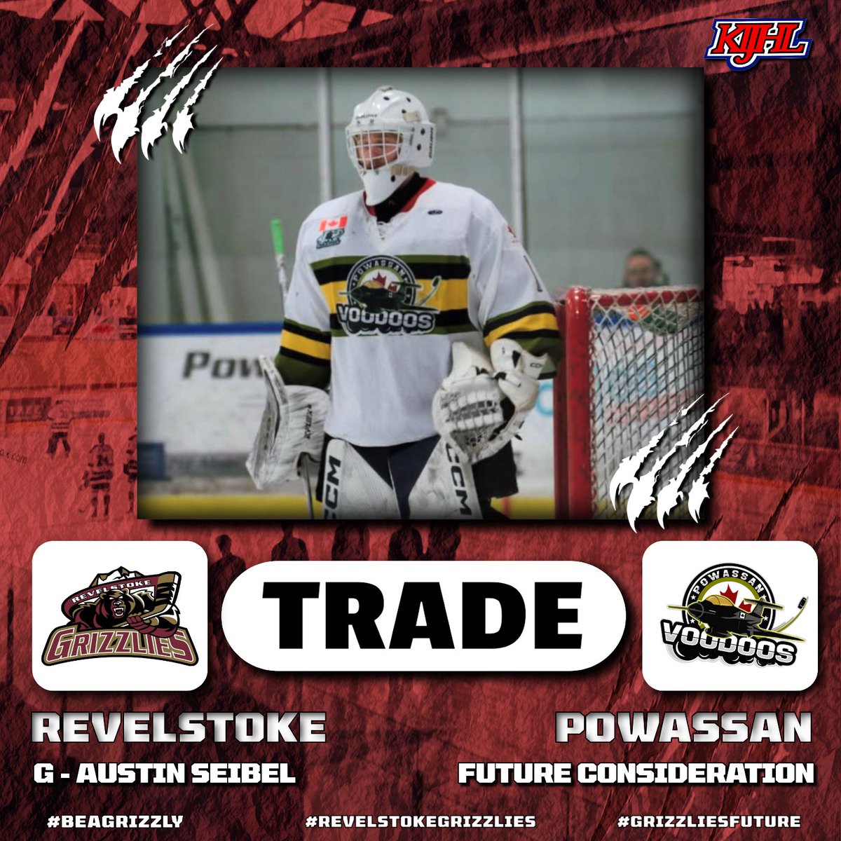 RevelstokeGriz1's tweet image. 🚨 TRADE ALERT 🚨 

We have aquired ‘05 G Austin Seibel from the NOJHL - Powassan Voodoos ( @VoodoosNOJHL ) for future considerations. 

Welcome to Revelstoke Austin.

#RevelstokeGrizzlies #BeAGrizzly #GrizzliesFuture #KIJHL
