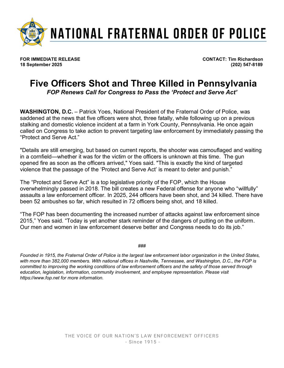 FOR IMMEDIATE RELEASE: Patrick Yoes, National President of the Fraternal Order of Police, was saddened at the news that five officers were shot, three fatally.

buff.ly/uAfNytD