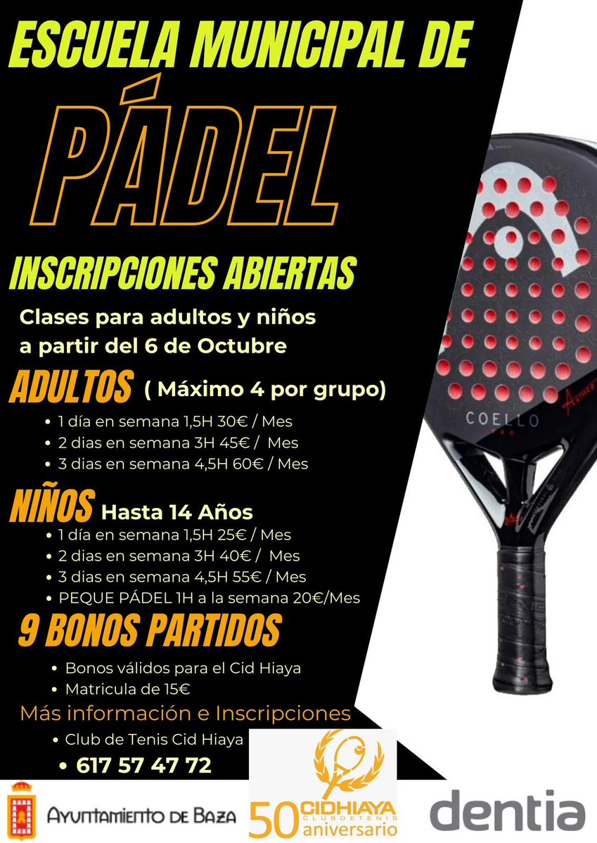 Abiertas las inscripciones para la Escuela Municipal de Pádel, tanto para adultos como para niños. Las clases comenzarán el 6 de octubre en el Club de Tenis "Cid Hiaya". Información e inscripciones en el teléfono 617 57 47 72.