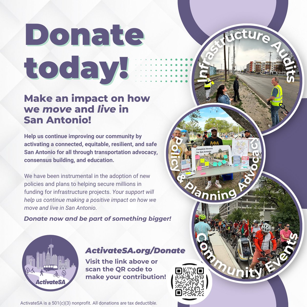 🌟💚 Join us in empowering our community by supporting ActivateSA! 

Your donation fuels change and moves us towards a San Antonio that is walkable, bikeable, connected, safe, resilient, and equitable. 🌳🚶🏽‍♀️🧑🏻‍🦽🚲 🚌 🚗

Visit ActivateSA.org/Donate to make your donation! 🥳❤️