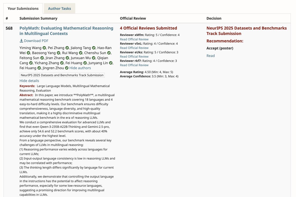 alsaceym's tweet photo. Two papers have just been accepted by NeurIPS 2025 👏 #NeurIPS2025  

- One on efficient reasoning (ST-BoN, Spotlight)
https://t.co/IiH02qq1O4

- The other on multilingual reasoning (PolyMath, poster)
https://t.co/fa9u6LM0i3 https://t.co/VrQOU33gvO