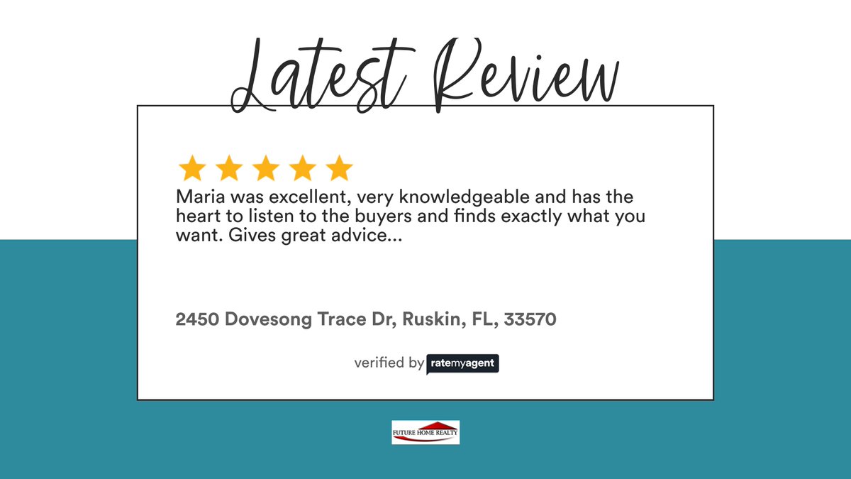 mariaps22's tweet photo. My latest RateMyAgent review inRuskin.
SL 3440154 
★★★★★
https://t.co/W3JgnmSf2Y
...
#ratemyagent #realestate #FUTUREHOMEREALTY  #FloridaHomes #MoveInReady#RealtorLife #HouseGoals #HomeBlessedHome #MariaSpagnuoloVallejo #TampaRealEstate #HomeTour #FamilyHome https://t.co/udHH8nZvpO