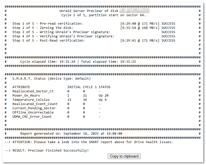 manelrodero's tweet image. Ayer me llegó el WD40EZAX de 4TB y después de unas cuantas horas ya he realizado el #PreClear (nota mental: no hacer el primer y tercer paso cuando convierta el disco de paridad en disco del array) ;-)

#Unraid #HomeLab