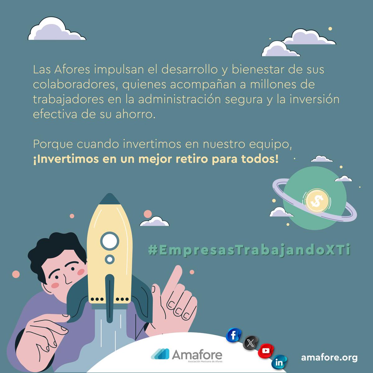 🔷Las #Afores impulsan el desarrollo y bienestar de sus colaboradores, quienes acompañan a millones de trabajadores en la administración segura y la inversión efectiva de su ahorro.

¡Invertimos en nuestro equipo y en un mejor retiro para todos!

#EmpresasTrabajandoXTi