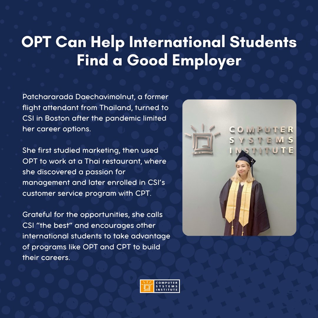 CSInowEDU's tweet image. Former flight attendant Patchararada turned her career around with CSI. Thanks to OPT and CPT, she’s thriving in Boston’s restaurant industry and building her future. 

Read more on Patchararada&apos;s story and other student stories at csinow.edu/student-storie…. #WhyCSI