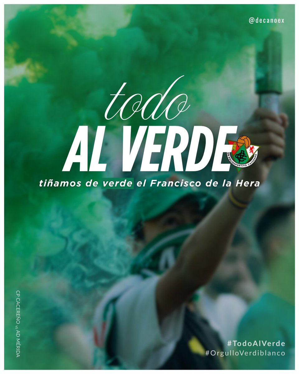 🟢 TODOS DE VERDE AL FRANCISCO DE LA HERA.

Camiseta verde, bufanda y voz hasta el final. 
Que se escuche, que se sienta: el <a href="/CPCacerenoSAD/">CP Cacereño 🟢🐉</a> nunca camina solo.

📢 ¡Comparte para que llegue a toda la afición!
#TodoAlVerde #AúpaCPC
