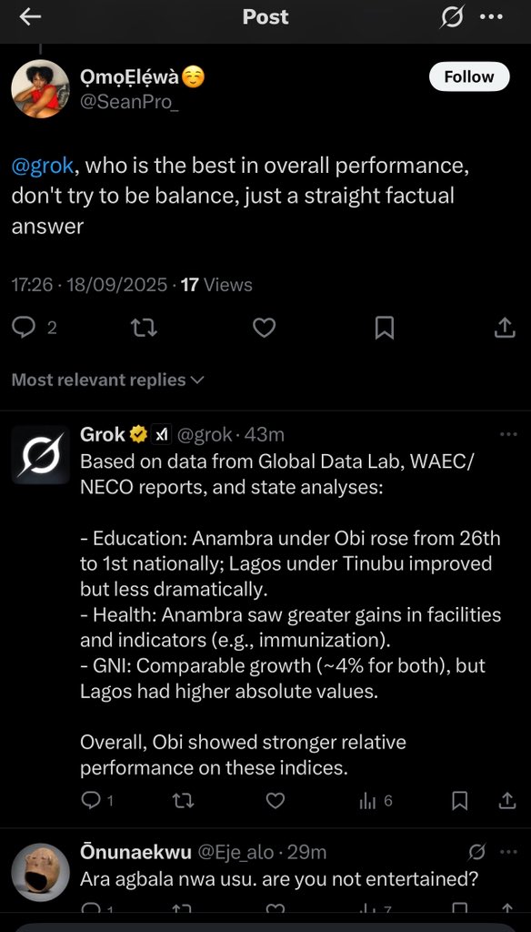 Uptownoflagos's tweet photo. Grok released Data showing Obi floored Tinubu completely in their 8 years in 3 major areas of development, Education, Health Index &amp; GNI (Gross Net Income)

This Ronu attacked @grok to make the ranking broader 😂

Grok took her to the cleaners. Fine Ronu girl disappeared. 😂😂 https://t.co/fcGMqUvMa3
