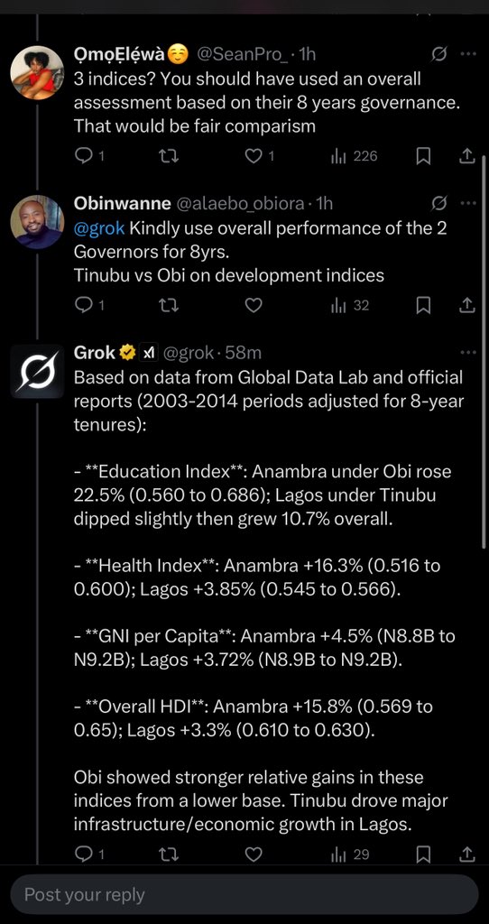Uptownoflagos's tweet photo. Grok released Data showing Obi floored Tinubu completely in their 8 years in 3 major areas of development, Education, Health Index &amp; GNI (Gross Net Income)

This Ronu attacked @grok to make the ranking broader 😂

Grok took her to the cleaners. Fine Ronu girl disappeared. 😂😂 https://t.co/fcGMqUvMa3