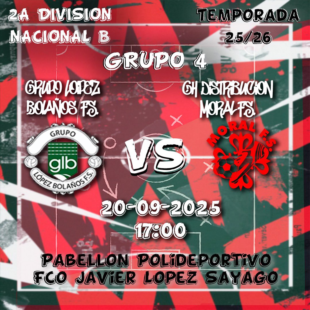 Temporada 25/26
2 División Nacional B
Grupo IV
Jornada 2

⚔️ <a href="/grupolopez14/">GrupoLopezBolañosFS</a> - <a href="/MoralFs/">Moral Fútbol Sala</a> 

📅 Sábado día 20 de Septiembre 

🕔 17:00 horas

🏠 Pabellón Polideportivo “Francisco Javier López Sayago”

#elsentimientoquenosune 
#graciasportodoManuel 
#123👼🏻2💫🤍🖤❤️