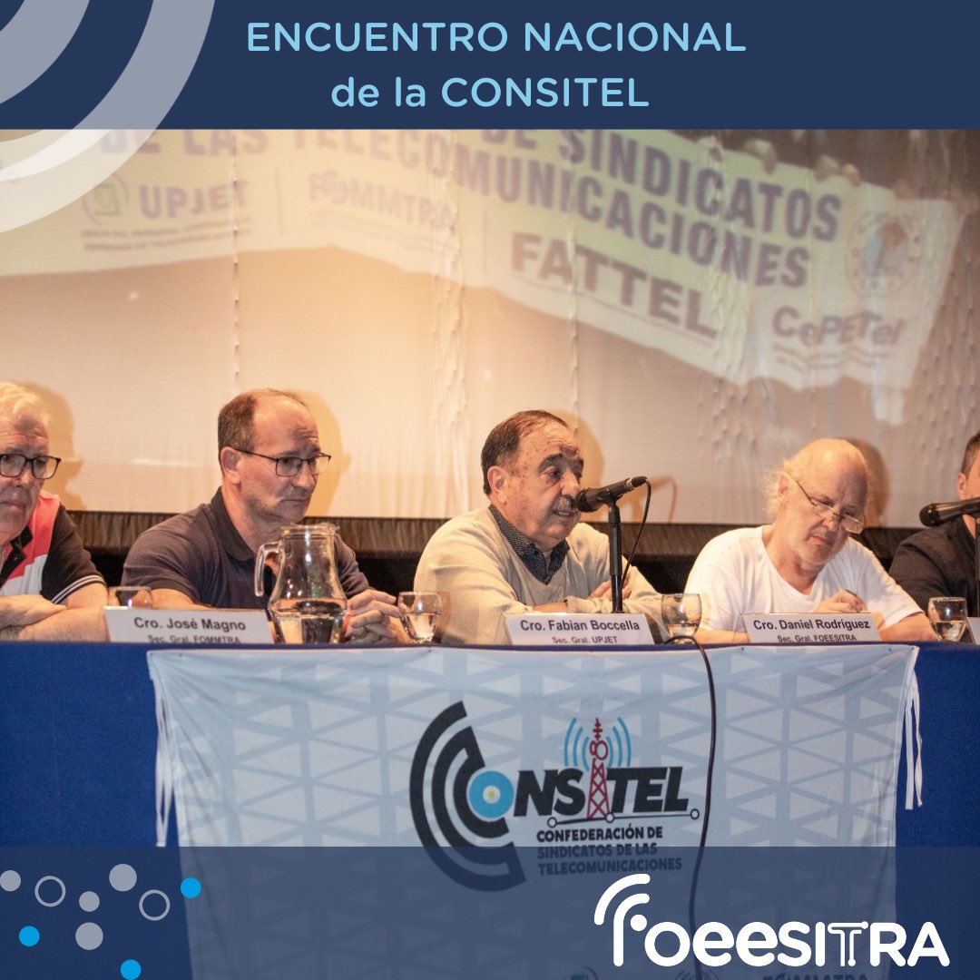 foeesitra's tweet photo. ☑️ ENCUENTRO NACIONAL DE LA CONSITEL

Los días 16 y 17 de septiembre se llevó a cabo en la sede de FOETRA, en la Ciudad Autónoma de Buenos Aires, el primer Encuentro Nacional de la Confederación de Sindicatos de las Telecomunicaciones. 
La reunión estuvo encabezada por la mesa directiva de la CONSITEL, que preside Claudio Marín (FOETRA), de la cual forma parte nuestro Secretario General de la FOEESITRA,  Daniel Rodríguez en su carácter de Vicepresidente, y que completan Claudio César (FATTEL), Patricio Arbelo (CEPETEL), Fabián Bocella (UPJET) y José Magno (FOMMTRA). 
Dentro de un esquema dinámico y altamente participativo, compañeros y compañeras que representaron a todos los Sindicatos del país, abordaron temas que son transversales a todos los trabajadores y trabajadoras de las telecomunicaciones a lo largo y ancho de la Argentina. 
En este sentido se establecieron comisiones  en las que se debatieron las siguientes temáticas: 
Transformaciones tecnológicas, Formación profesional y sindical, 
Encuadramiento y afiliación, 
Fondo compensador, Obra Social, 
Funcionamiento de la CONSITEL y 
Violencia laboral y Género. 
En el cierre del cónclave, se expusieron las conclusiones de cada comisión, que serán la piedra basal de un plan de acción conjunto, que llevará adelante la Confederación en pos de enfrentar los desafíos que tenemos por delante, en un sector de permanentes  transformaciones tecnológicas con nuevos actores y escenarios cambiantes, que nos ponen a prueba de manera constante. 
La Solidaridad como bandera, la organización como método innegociable, sin sectarismos y en UNIDAD, fueron las consignas que se destacaron en el final, en donde además se anunció la masiva adhesión y participación a la Marcha Federal Universitaria. 

#consitel #encuentronacional #telecomunicaciones #foeesitra #marcha #UniversidadPublica