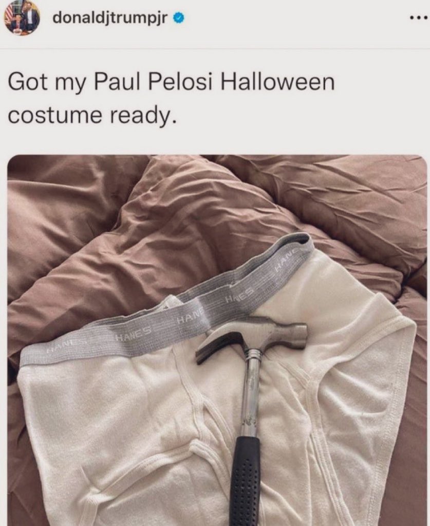 <a href="/RonFilipkowski/">Ron Filipkowski</a> Dear <a href="/BrendanCarrFCC/">Brendan Carr</a>, what say you about <a href="/DonaldJTrumpJr/">Donald Trump Jr.</a> ‘s joke about the near fatal attack on Speaker Pelosi’s husband Paul Pelosi ?