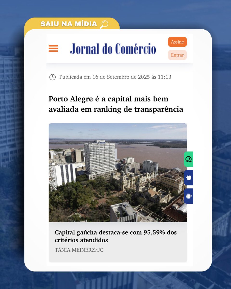 🚀 Porto Alegre segue dando exemplo em transparência pública! O reconhecimento repercutiu nos principais jornais do RS, reforçando nosso compromisso com a gestão aberta e responsável.