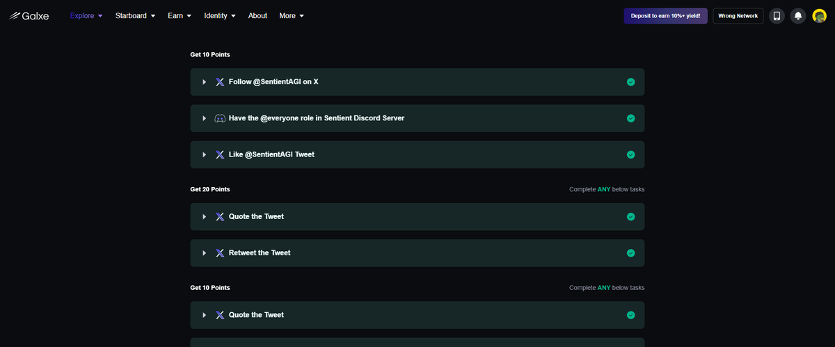 Sentient Galxe görevi için 300 takipçi şartı varmış 270 takipçim vardı, dün ve bugün içinde bu sayıyı tamamladım sonunda ve galxe görevini yaptım. Galxe görevleri de rol dağıtımında öne çıkmamızı sağlıyor. Güzel başladığımı düşünüyorum.  <a href="/SentientAGI/">Sentient</a> <a href="/SentientTurkiye/">Sentient Türkiye</a> #SentientAGI