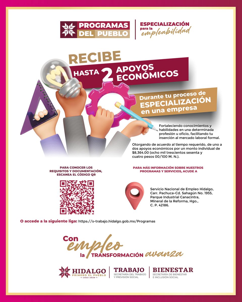 A través de la convocatoria "Especialización para la Empleabilidad", estamos impulsando el desarrollo profesional de las y los hidalguenses, fortaleciendo sus habilidades y vinculándolos con empresas formales en diversas áreas. 👷‍♀‍👨‍💼

Conoce todos los detalles en:
