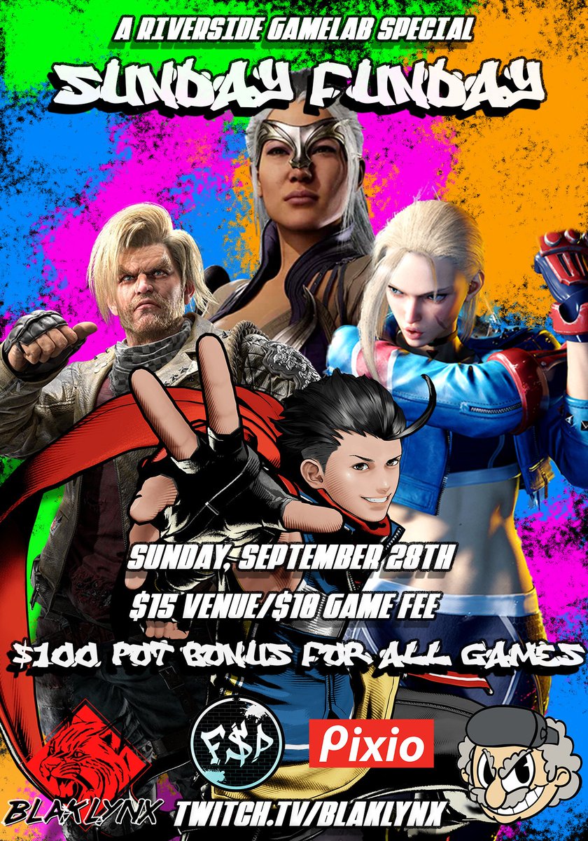 PlusFrames.gg (@plusframesgg) on Twitter photo Mega Funday w/ <a href="/blaklynx1/">Blaklynx - Lab Szn</a> at <a href="/rivgamelab/">Riverside Game Lab</a> returns Next Weekend!
9/27:
#UNI2🌌 | #GGST⚙️ - 4PM
#KOFXV👑 - 5:30 PM
#MBTL🧛♂️ | #GBVSR⚔️ - 7PM
9/28:
#SF6🛣 | #COTW🐺 - 4PM
#TEKKEN8👿 | #MK1🐉 - 7PM
Register Now!
Saturday: start.gg/megafunday
Sunday: start.gg/sundayfun20 Mega Funday w/ <a href="/blaklynx1/">Blaklynx - Lab Szn</a> at <a href="/rivgamelab/">Riverside Game Lab</a> returns Next Weekend!
9/27:
#UNI2🌌 | #GGST⚙️ - 4PM
#KOFXV👑 - 5:30 PM
#MBTL🧛♂️ | #GBVSR⚔️ - 7PM
9/28:
#SF6🛣 | #COTW🐺 - 4PM
#TEKKEN8👿 | #MK1🐉 - 7PM
Register Now!
Saturday: start.gg/megafunday
Sunday: start.gg/sundayfun20
