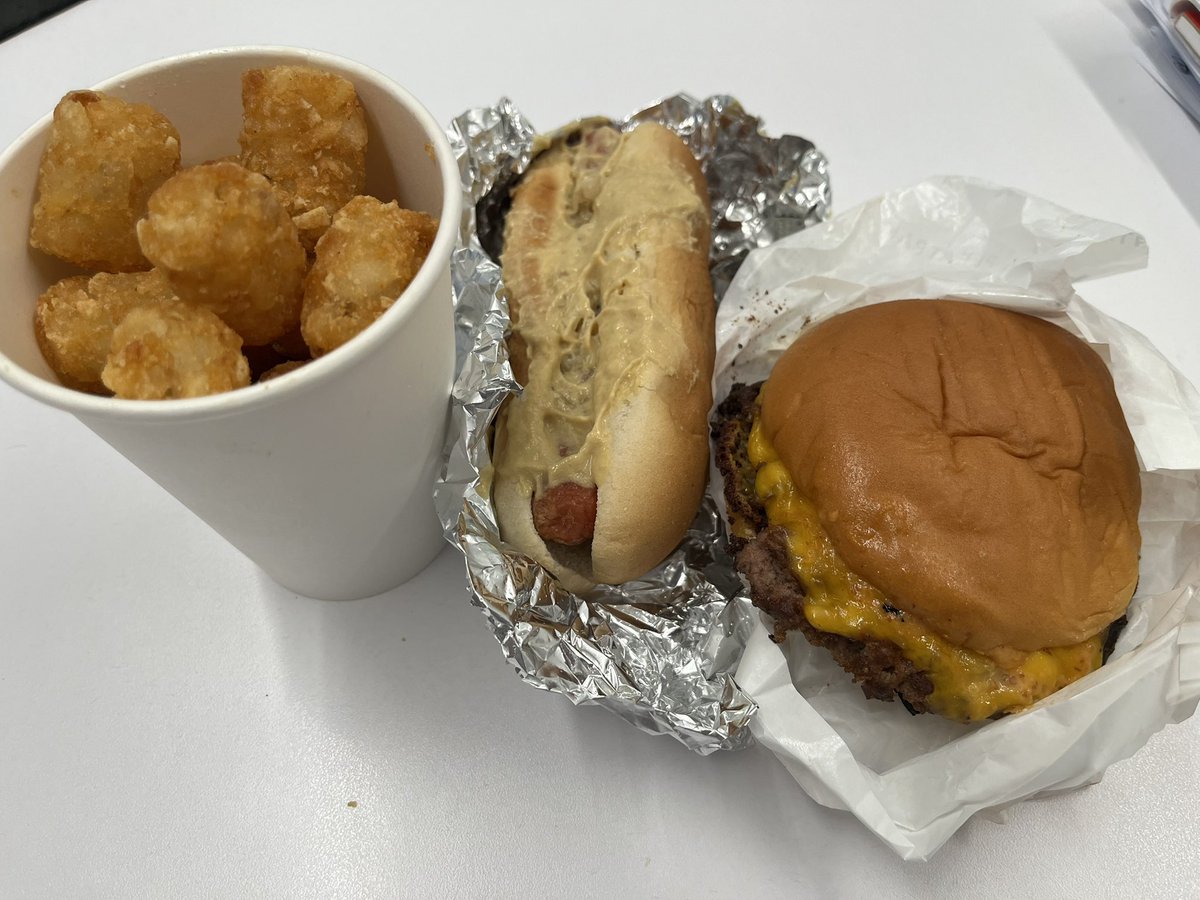 I had to celebrate national cheeseburger day!   A double cheese smash burger….and a hot dog…and some tots.  😏😋