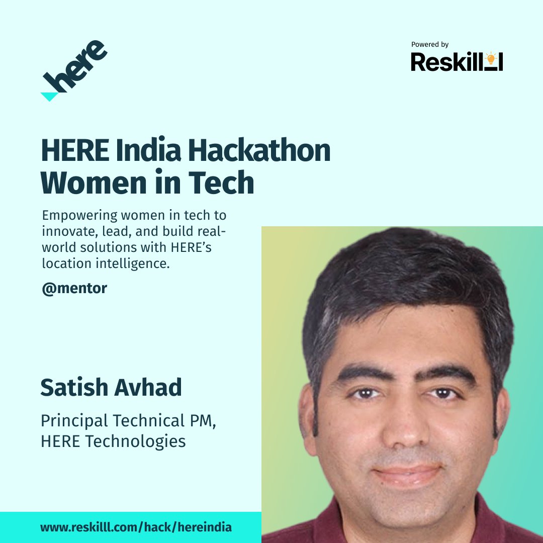 Reskilll (@reskilll) on Twitter photo π Thrilled to have Satish Avhad (Principal Technical PM, <a href="/here/">HERE Technologies</a> ) as a mentor at the HERE India Hackathon: Women in Tech!
π Prize pool: INR 3.2 Lakhs
π Finale: Mumbai
β³ Apply by Sept 30 β
reskilll.com/hack/hereindia
#HEREHackathon #WomenInTech π Thrilled to have Satish Avhad (Principal Technical PM, <a href="/here/">HERE Technologies</a> ) as a mentor at the HERE India Hackathon: Women in Tech!
π Prize pool: INR 3.2 Lakhs
π Finale: Mumbai
β³ Apply by Sept 30 β
reskilll.com/hack/hereindia
#HEREHackathon #WomenInTech