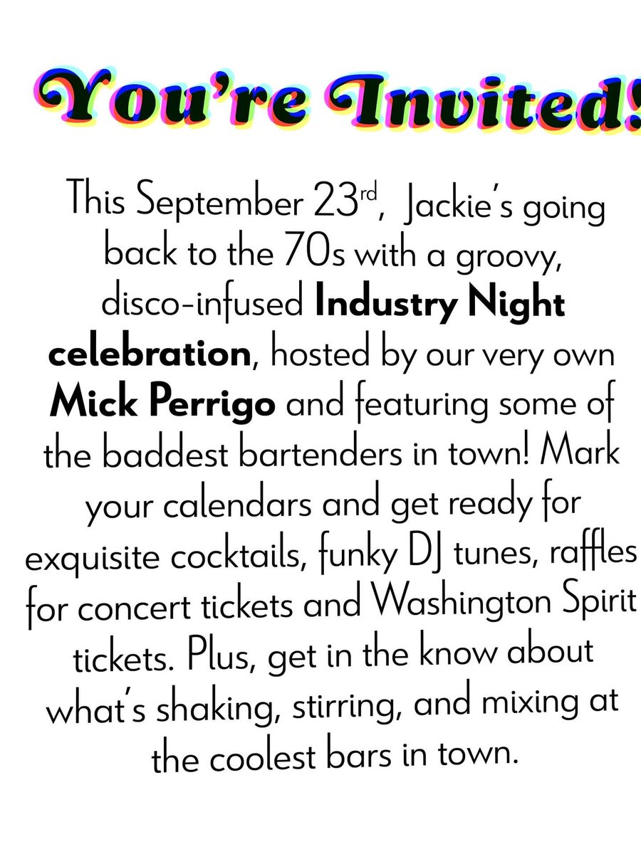 We have some amazing bartenders for our First Industry Night @jackierestaurant ! Also some groovy raffle prizes! Modest Mouse tickets (2 Tickets) giveaway for The Anthem (10/18)!Washington Spirits tickets (2 tickets) to any NWSL regular season match! Mosaic Theater (2 Tickets)!
