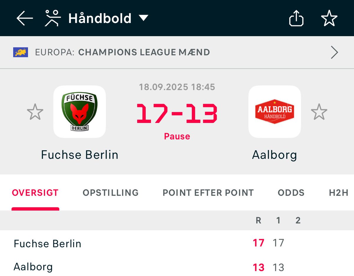En helt igennem forfærdelig 1. halvleg i Berlin, for Aalborg Håndbold, som har mere end svært ved at hindrede Grøndahl og Gidsels (surprise) hurtige fødder..

Aalborg ramt af 5 udvisninger. De virker helt OK. Berlin med 2 stk. det er i hvert fald mindst 1 for lidt.

Mere