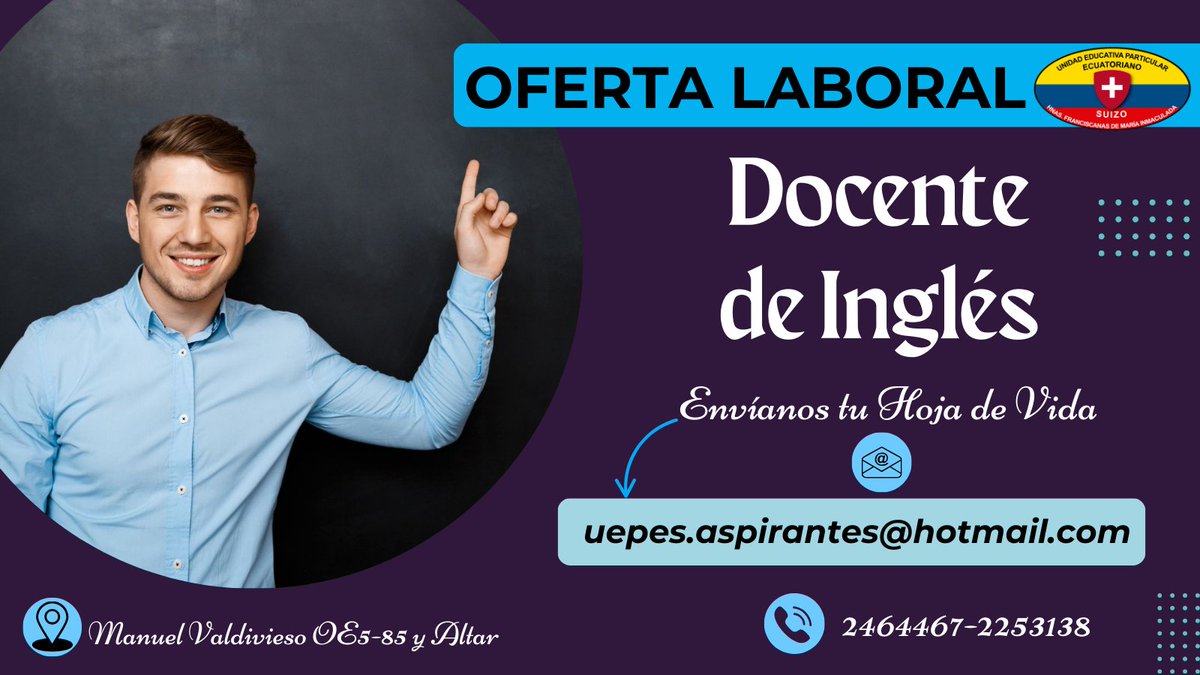 Uepsuizo's tweet photo. Si compartes nuestra pasión por la educación y la enseñanza del idioma Inglés, ¡esta es tu oportunidad!

✅Experiencia en docencia, impartiendo el Idioma.
✅Dominio del idioma inglés (mínimo nivel B2).
✅Manejo de metodologías activas.
✅Comunicación asertiva.

#ecuatorianosuizo https://t.co/d2cwe8glAf