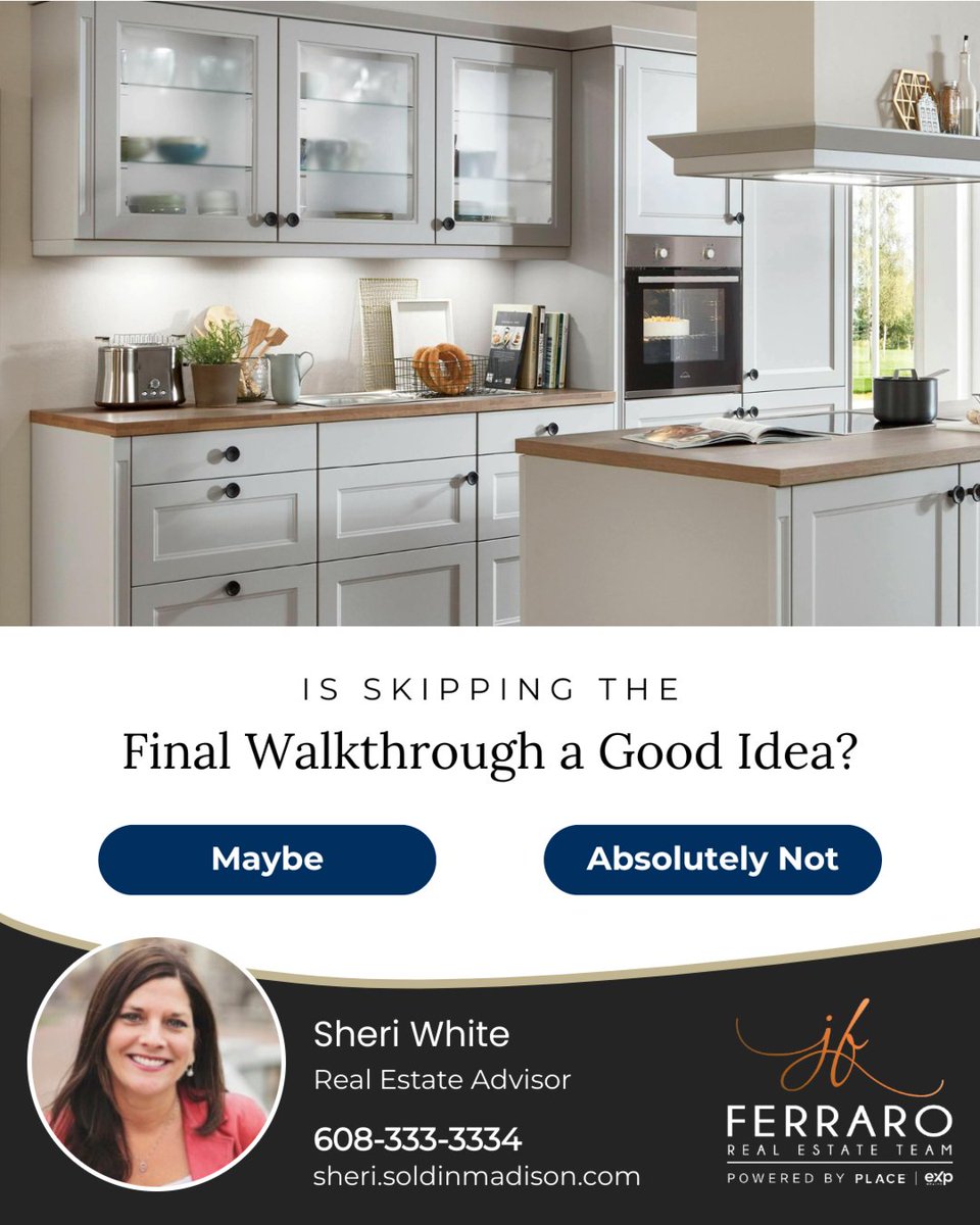 sheriwhite's tweet image. The final walkthrough is your last chance to inspect the home before closing. Use this step to confirm that all agreed-upon repairs are complete, fixtures and appliances are in place and working, and the property is in the condition expected.

#finalwalkthrough
