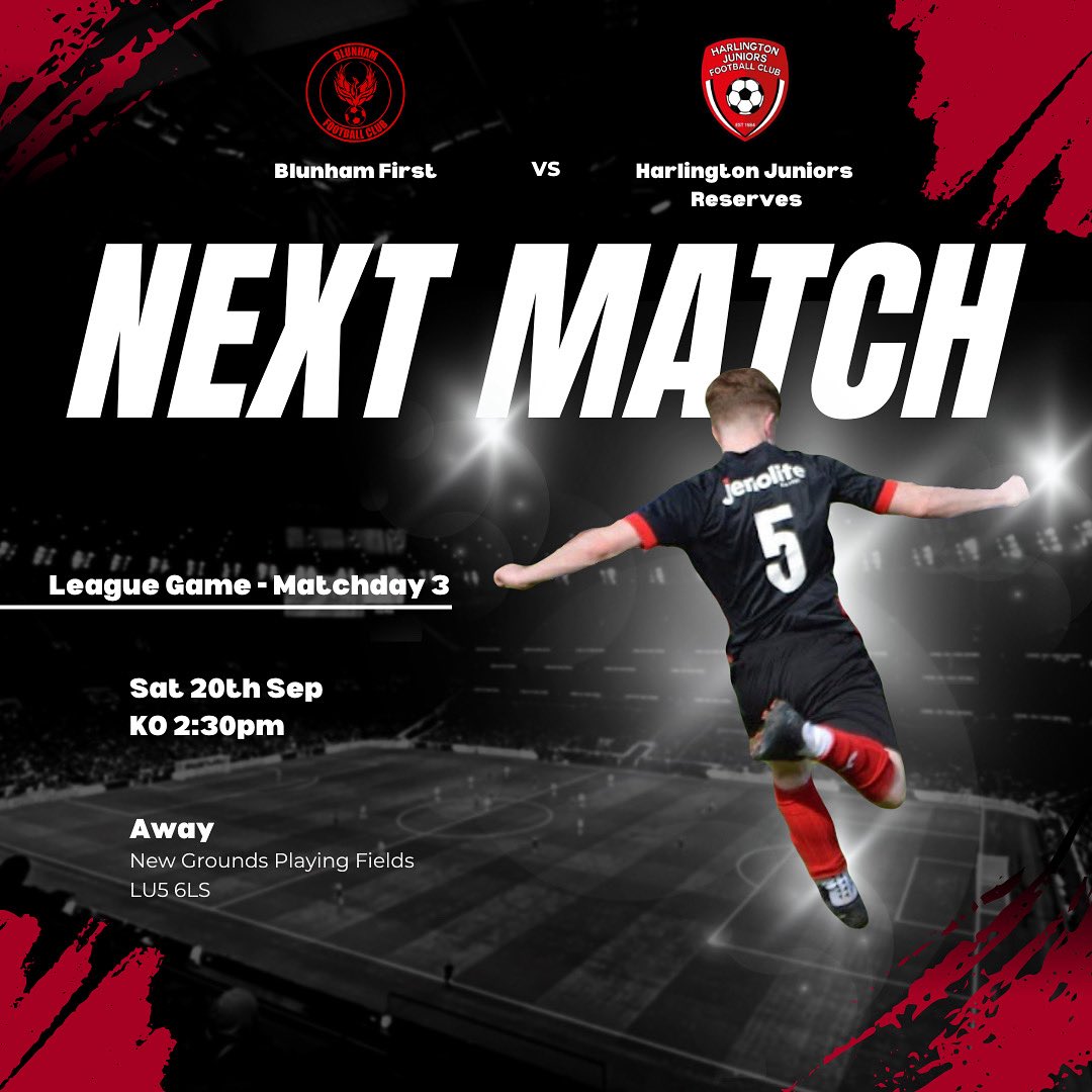 🔥 NEXT MATCH 🔥

Two wins from two to start the season – next up it’s our first away day of the league campaign! ⚽

Blunham First 🆚 Harlington Juniors Reserves

📅 Saturday 20th September
⏰ Kick-Off: 2:30 PM
📍 New Grounds Playing Fields (LU5 6LS)

#NextMatch #UpTheBlunham