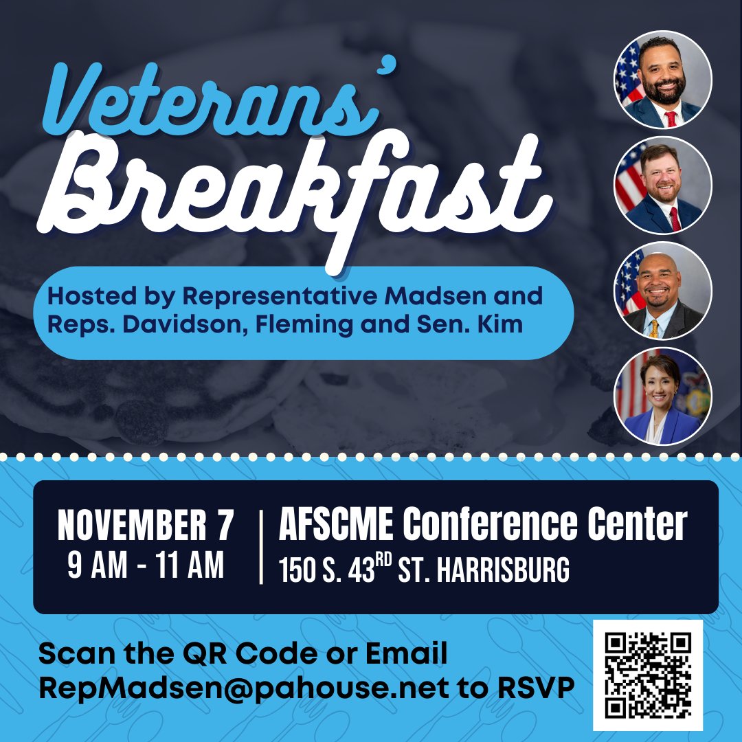 Rep. David Madsen (@repmadsen) on Twitter photo 🎖️ Veterans’ Breakfast Invitation 🎖️
I’m honored to host a complimentary breakfast for our veterans alongside my colleagues <a href="/SenatorPattyKim/">Sen. Patty Kim</a>, <a href="/RepNateDavidson/">Rep. Nate Davidson</a>, and <a href="/RepJFleming/">Rep. Justin Fleming</a>!
🗓️Date: November 7
⏰ Time: 9 – 11 a.m.
📍 AFSCME Conference Center, 150 S. 43rd St., Harrisburg 🎖️ Veterans’ Breakfast Invitation 🎖️
I’m honored to host a complimentary breakfast for our veterans alongside my colleagues <a href="/SenatorPattyKim/">Sen. Patty Kim</a>, <a href="/RepNateDavidson/">Rep. Nate Davidson</a>, and <a href="/RepJFleming/">Rep. Justin Fleming</a>!
🗓️Date: November 7
⏰ Time: 9 – 11 a.m.
📍 AFSCME Conference Center, 150 S. 43rd St., Harrisburg