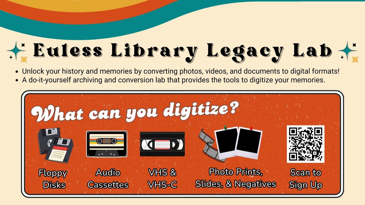EulessLibrary's tweet image. 📸🎞️ Want to digitize your cherished photos, videos &amp;amp; audio? Book a Legacy Lab appointment at EulessLibrary! Staff can help or you can DIY with our equipment.

⭐ Book here: forms.eulesstx.gov/Forms/expert (choose &quot;Legacy Lab&quot;)

#LegacyLab #PreservingMemories #EulessTX